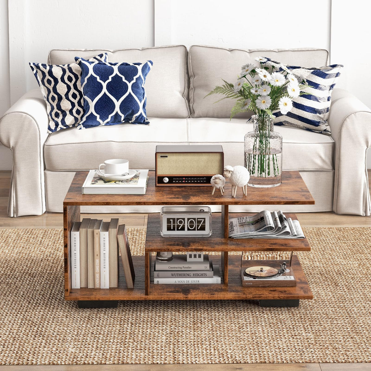 Goflame Coffee Table with Storage, Modern Rectangular Accent Table with L-shaped Middle Shelf