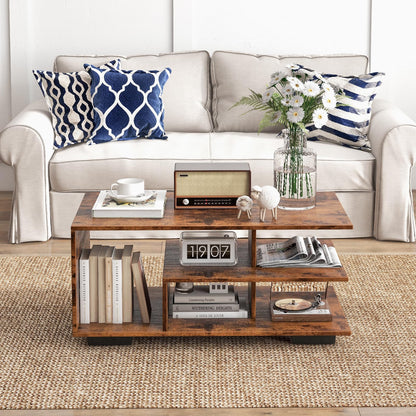 Goflame Coffee Table with Storage, Modern Rectangular Accent Table with L-shaped Middle Shelf