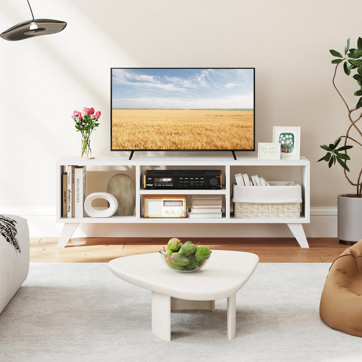 Goflame TV Stand for TVs up to 55", 4-Cubby Entertainment Center