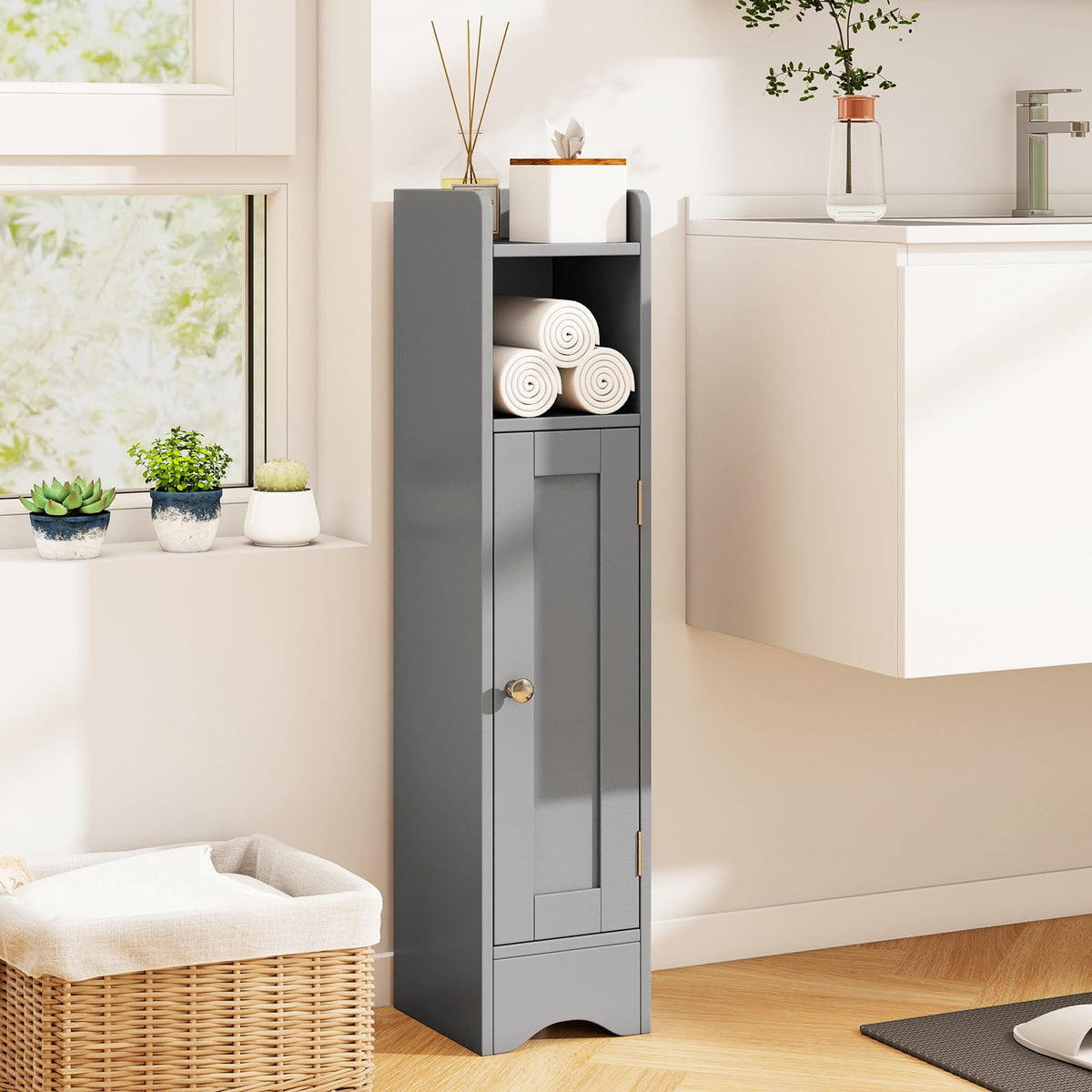 Goflame Small Bathroom Storage Cabinet Corner Floor Cabinet with Door & Adjustable Shelves