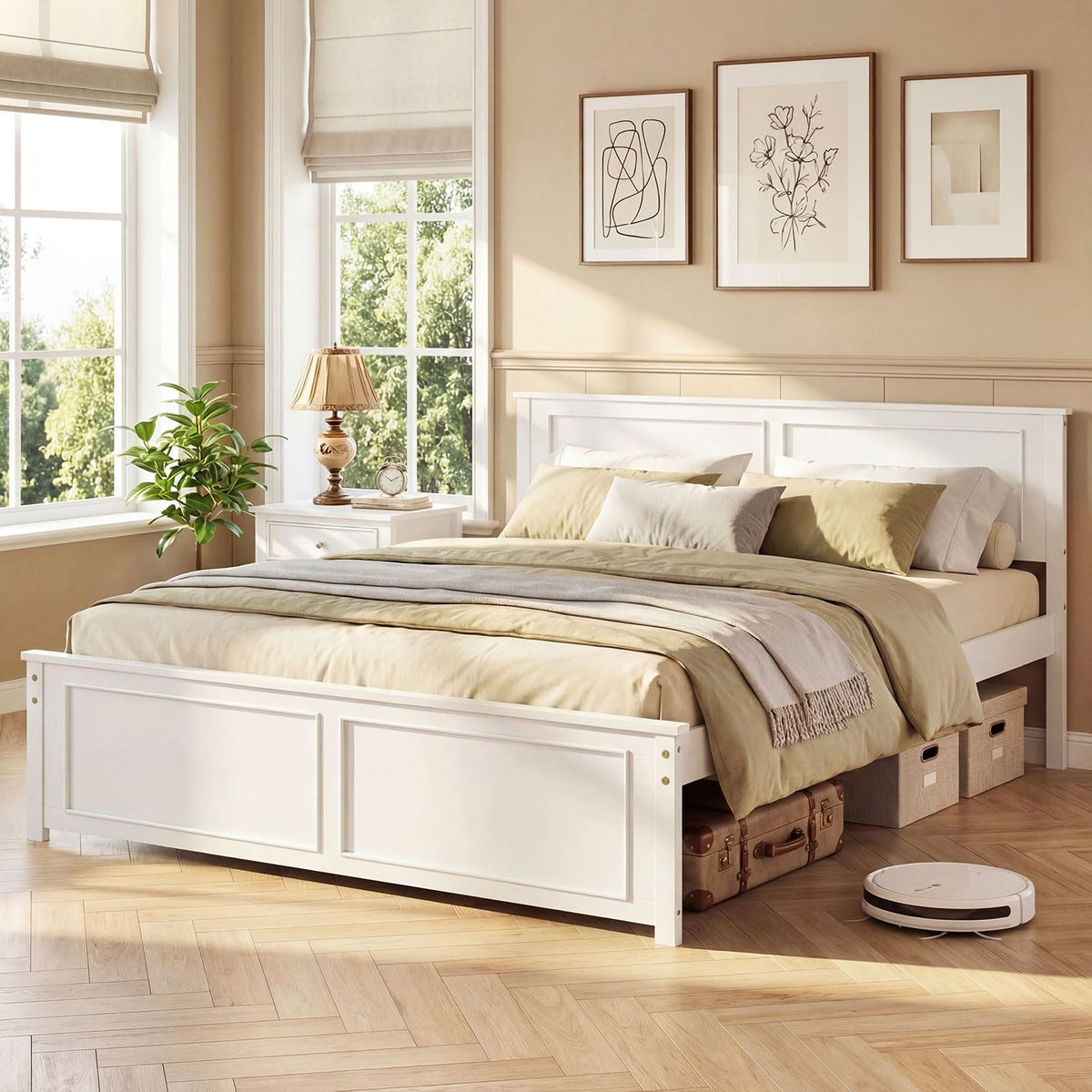Goflame Wood Queen/Full/Twin Size Farmhouse Solid Platform Bed