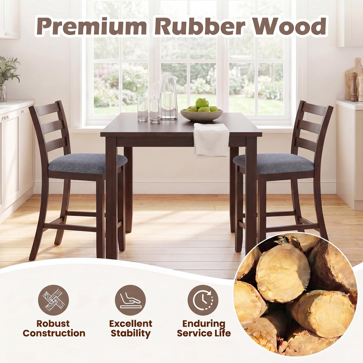 Goflame 26 Inch Farmhouse Upholstered Wooden Barstools with Footrest (2/4)