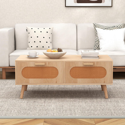 Goflame Rattan Coffee Table, Mid Century Modern Center Table with 2 Storage Drawers & Back Compartment