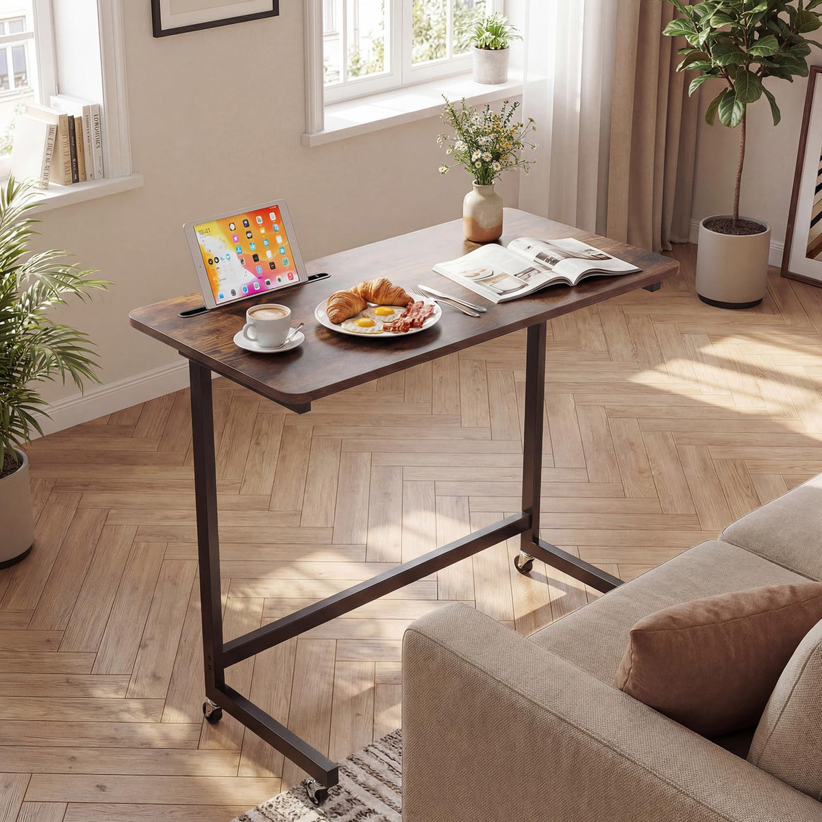 Goflame Mobile C-Shape Side Table - Rolling Bedside Table w/Tablet Slot