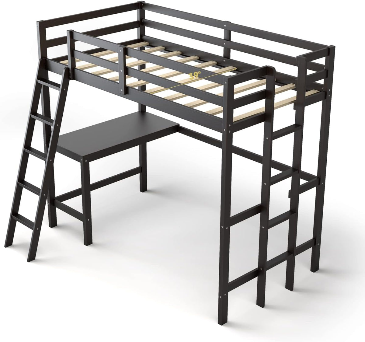 Goflame Twin Size Loft Bed with Desk, Solid Wood Loft Bed with 2 Ladders & Full Length Guardrail