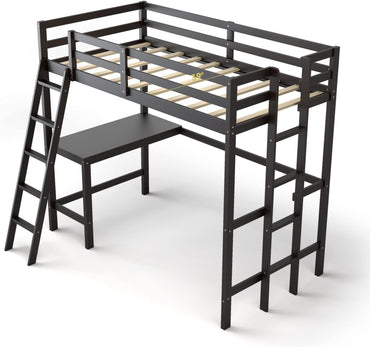 Goflame Twin Size Loft Bed with Desk, Solid Wood Loft Bed with 2 Ladders & Full Length Guardrail