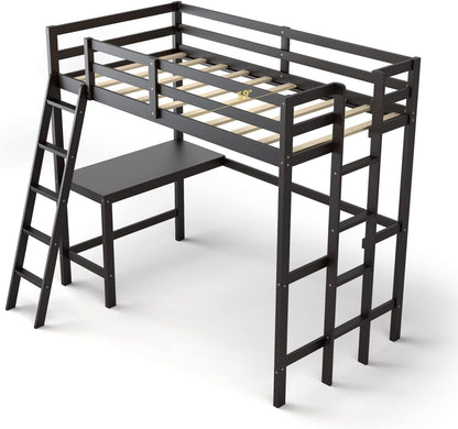 Goflame Twin Size Loft Bed with Desk, Solid Wood Loft Bed with 2 Ladders & Full Length Guardrail