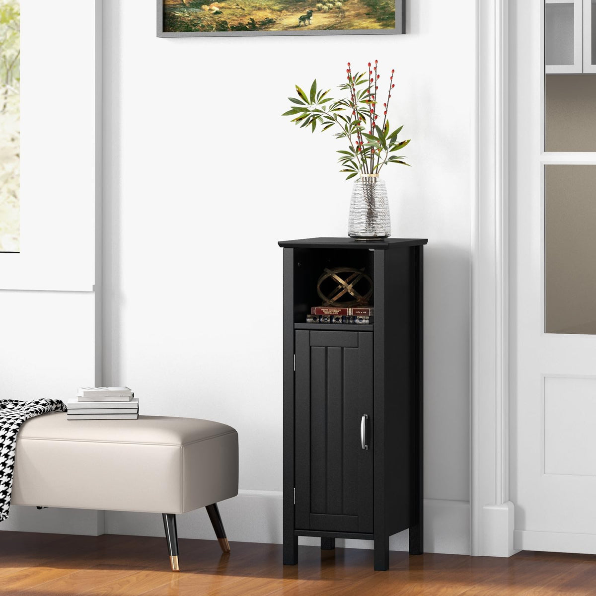 Goflame Narrow Bathroom Storage Cabinet - Corner Unit with Open Compartment, Adjustable Shelf