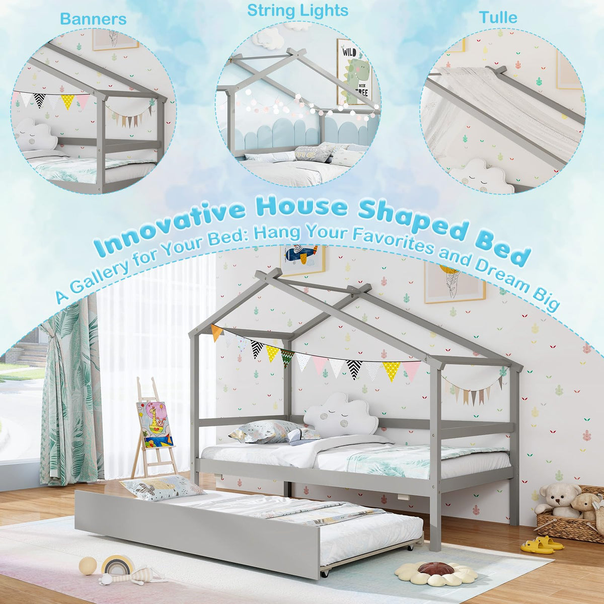 Goflame Wood House Bed for Kids, Twin Bed Frame with Trundle Bed Twin