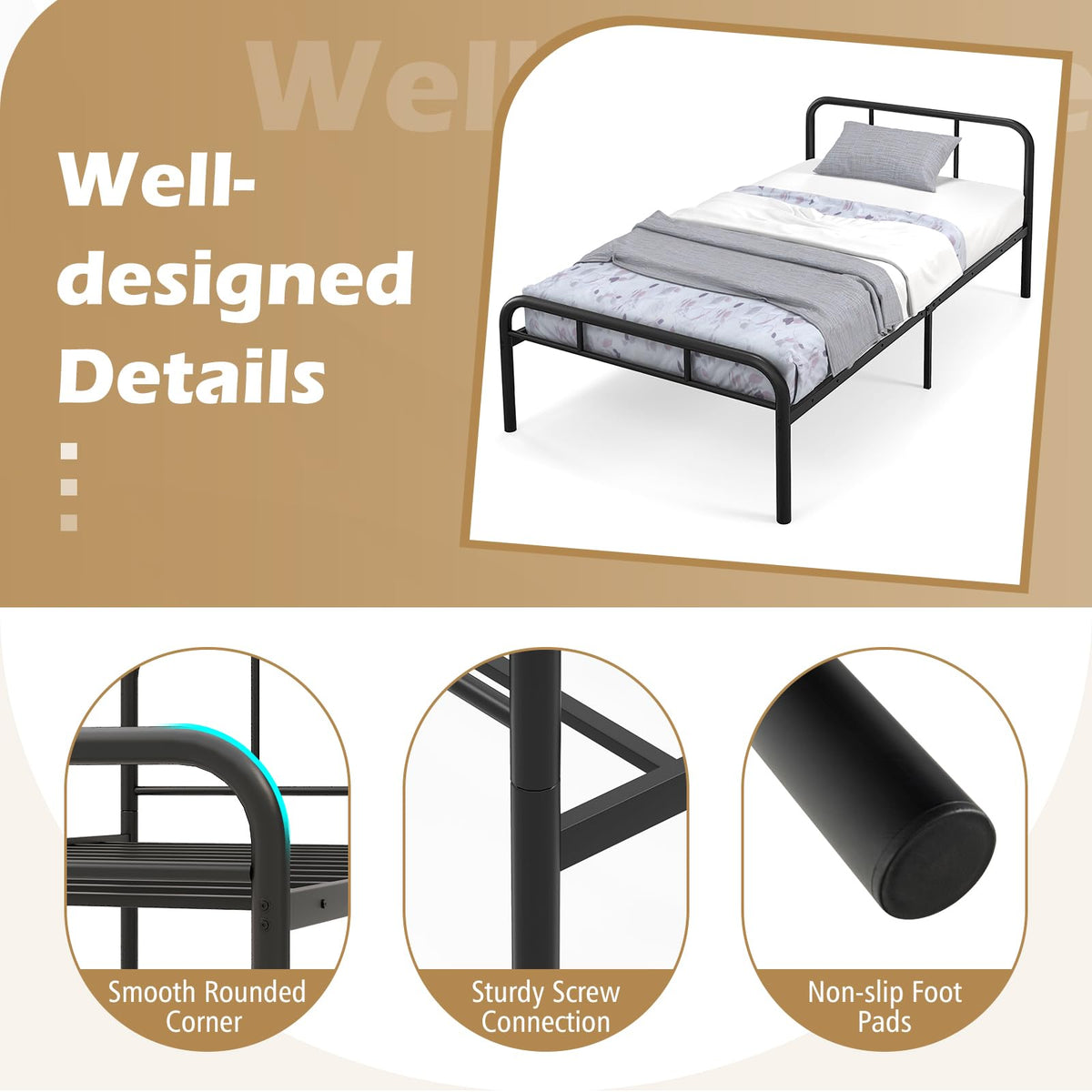 Goflame Twin Size Bed Frame, Modern Metal Platform Bed with Headboard and Footboard, Heavy Duty Steel Slat Support Mattress Foundation