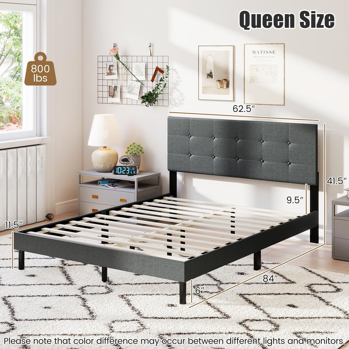 Goflame Queen Bed Frame Linen Upholstered Platform Bed with Button Tufted Headboard