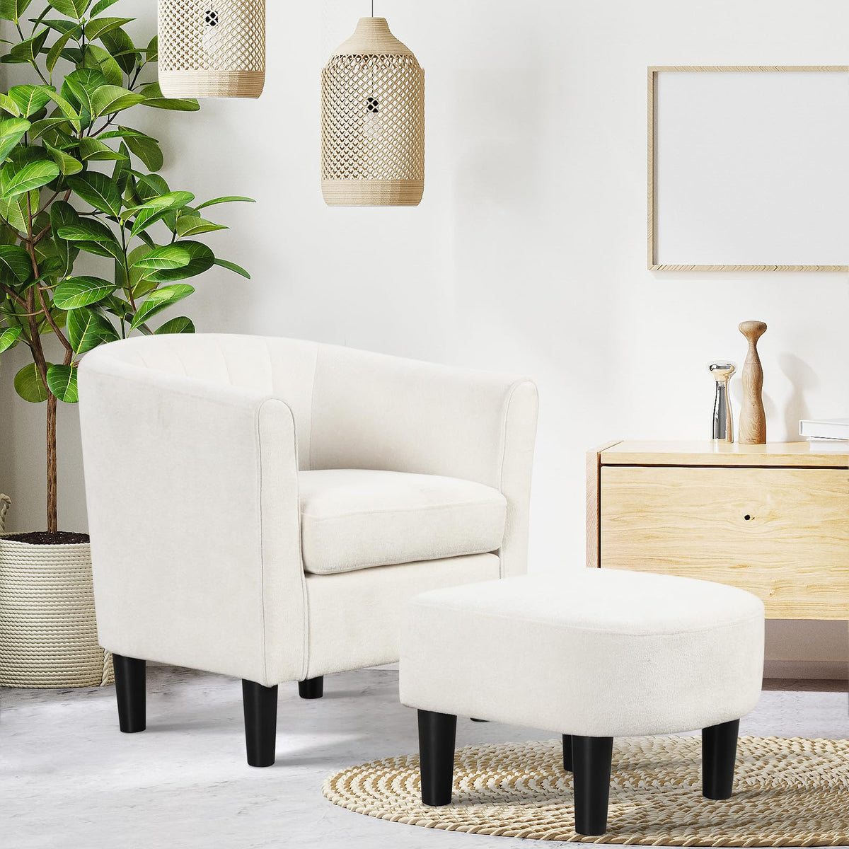 Goflame Modern Accent Chair with Ottoman, Upholstered Teddy Velvet Barrel Club Chair w/Footrest