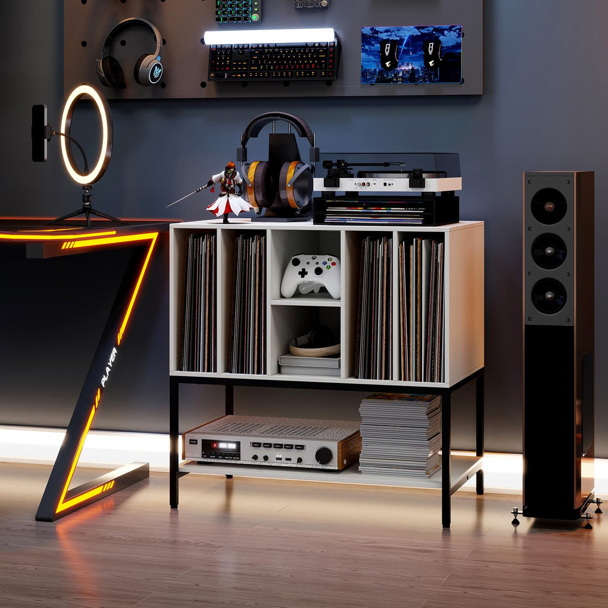 Goflame Record Player Stand with Charging Station Vinyl Record Storage for Music Living Room