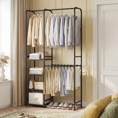 Goflame Heavy-Duty Metal Clothing Rack with 2 Hanging Rods & 4 Storage Shelves