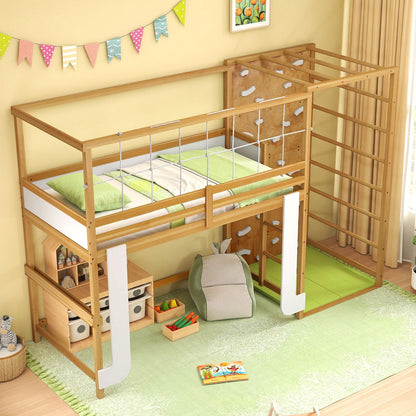 Goflame Twin Bunk Bed with Jungle Gym Wooden Loft Bed with Climbing Ladder