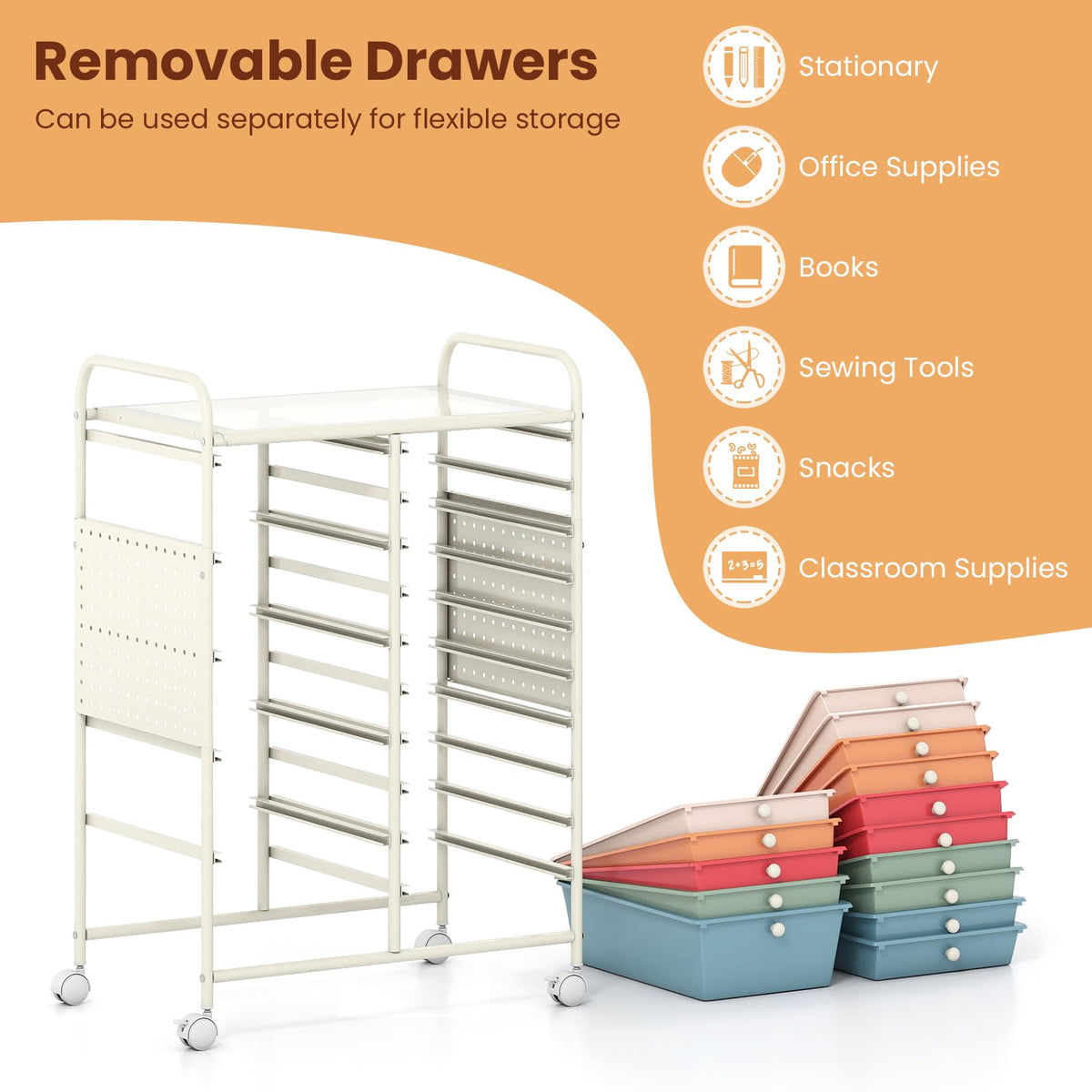Goflame 15 Drawer Storage Cart | Rolling Craft Cart with Metal Tabletop & Pegboard