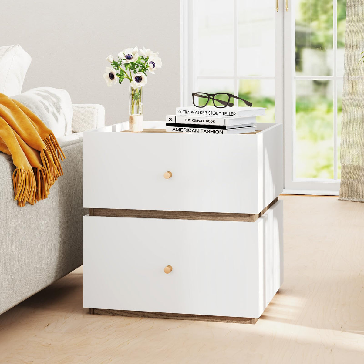 Goflame Modern Nightstand with 2 Storage Drawers, Wooden Night Stand with Raised Edge