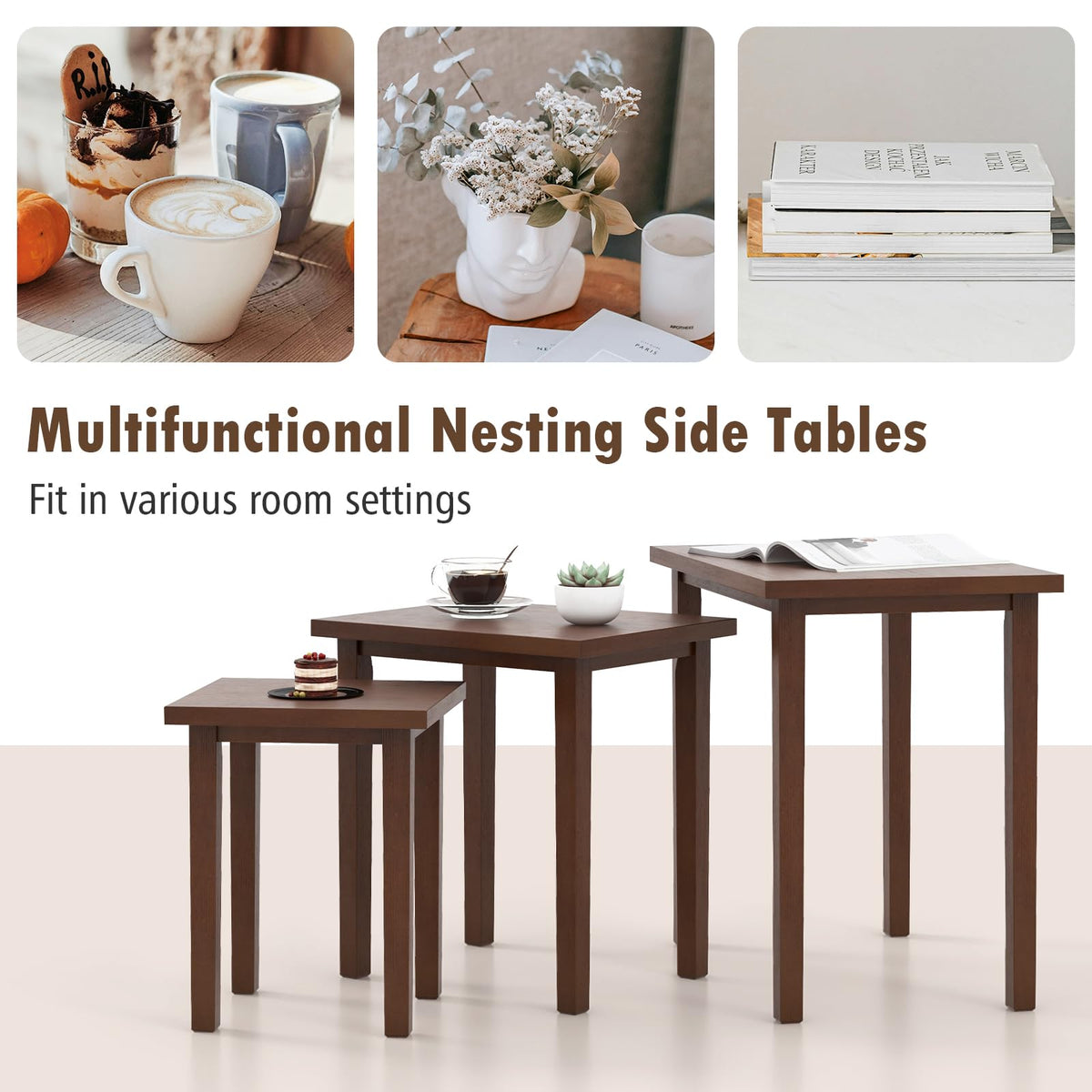 Goflame Nesting Tables Set of 3, Farmhouse Stacking Side Tables with Rubber Legs