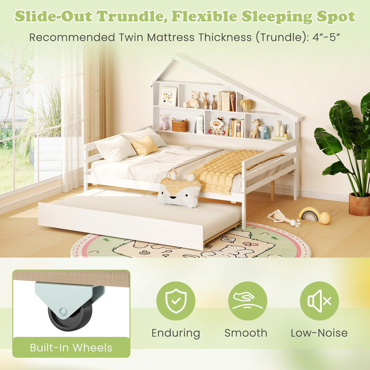 Goflame Full House Bed with Twin Trundle, Wood Daybed with 5 Cube Storage Bookcase & Headboard