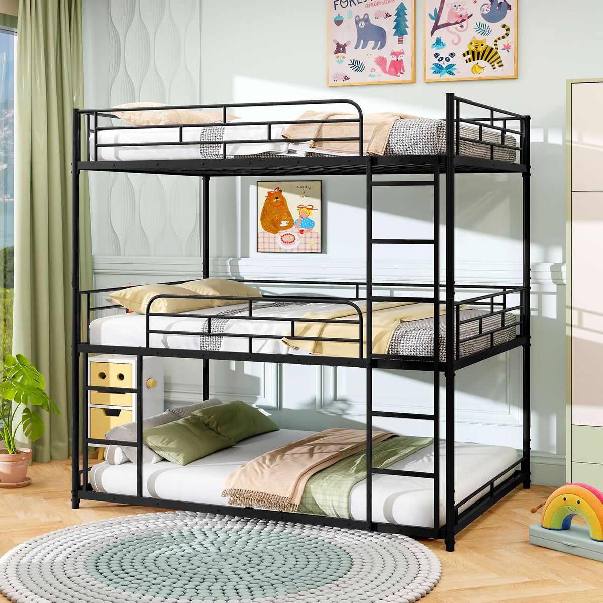 Goflame Metal Full Over Full Over Full Bunkbeds with Safety Guardrails & 2 Ladders