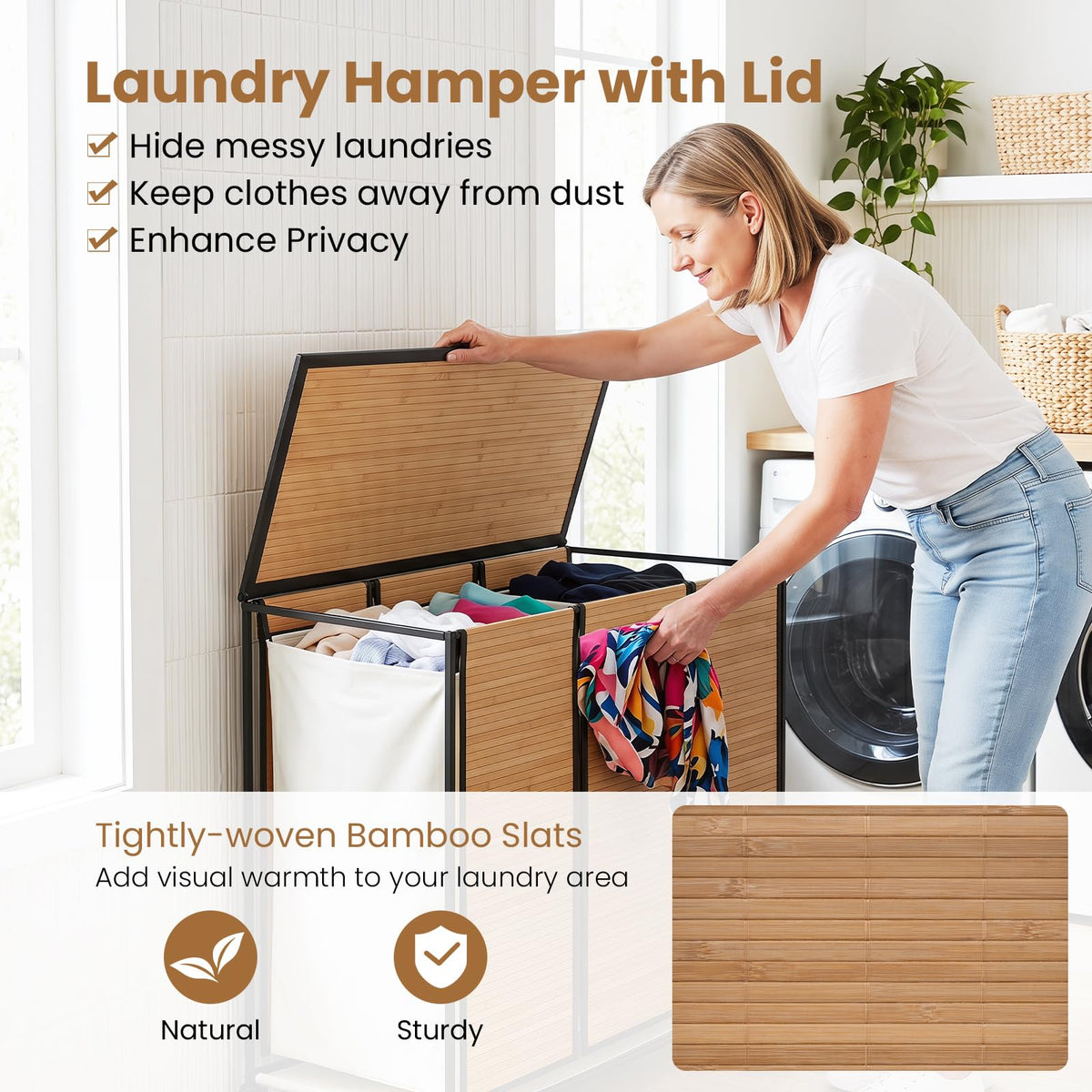 Goflame Laundry Hamper Sorter 3 Section with Lid