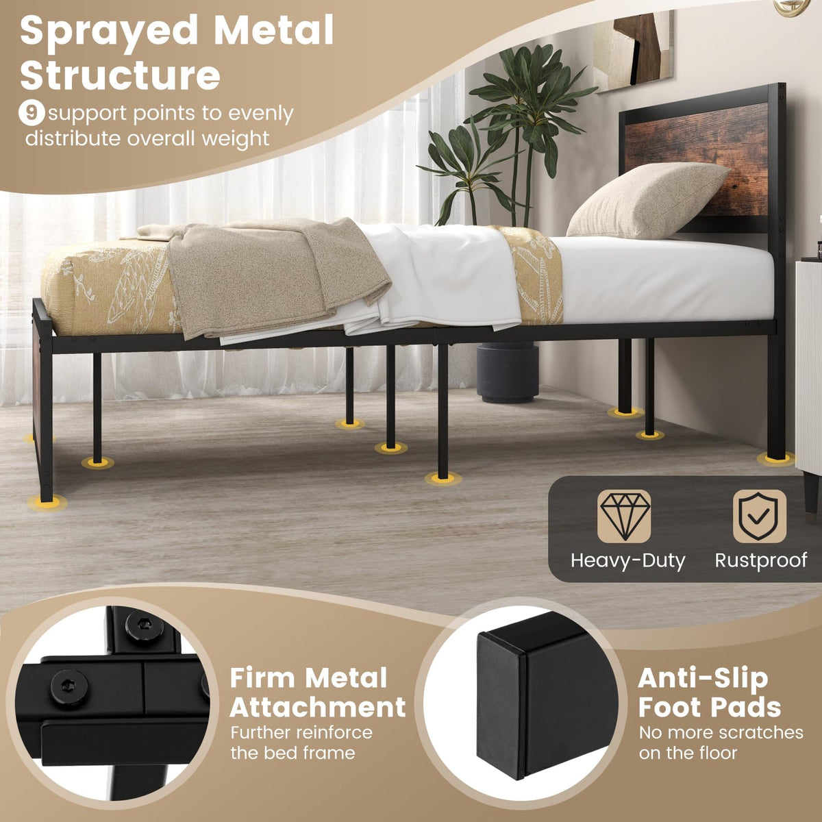 Goflame Twin Bed Frames for Kids, Industrial Metal Platform Bed with Headboard