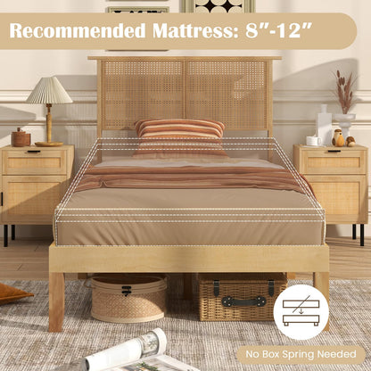 Goflame Queen/Full/Twin Size Bed Frames with Rattan Headboard, Boho Solid Wood Platform Bed with Wooden Slats