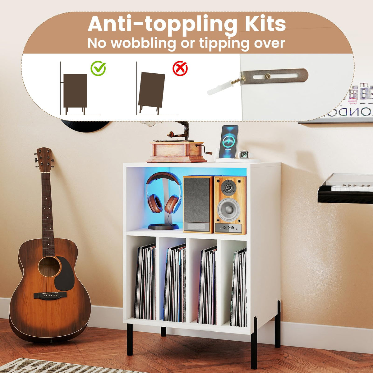 Goflame Record Player Stand with LED Lights & Charging Station