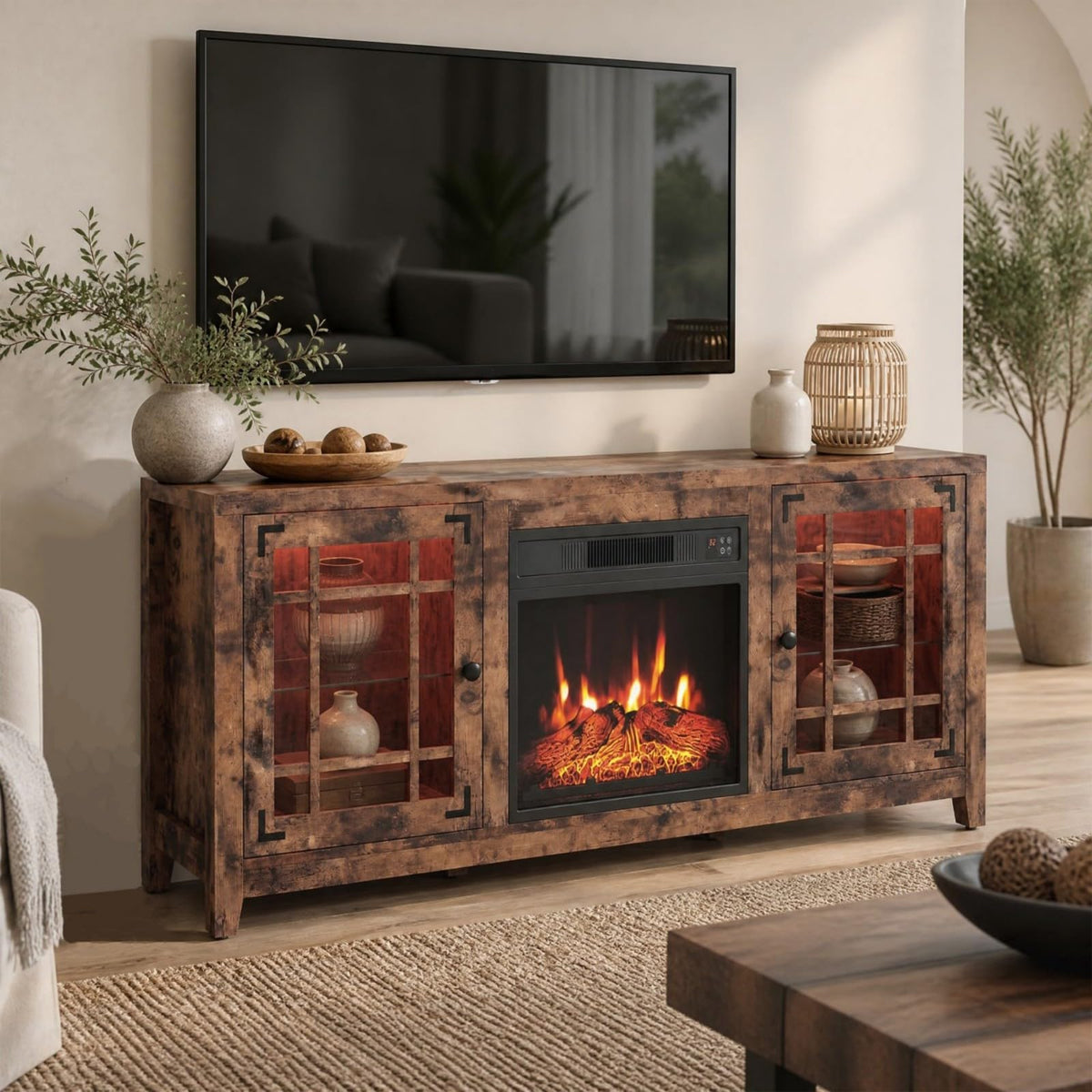 GOFLAME 58 Inch Farmhouse Electric Fireplace TV Stand
