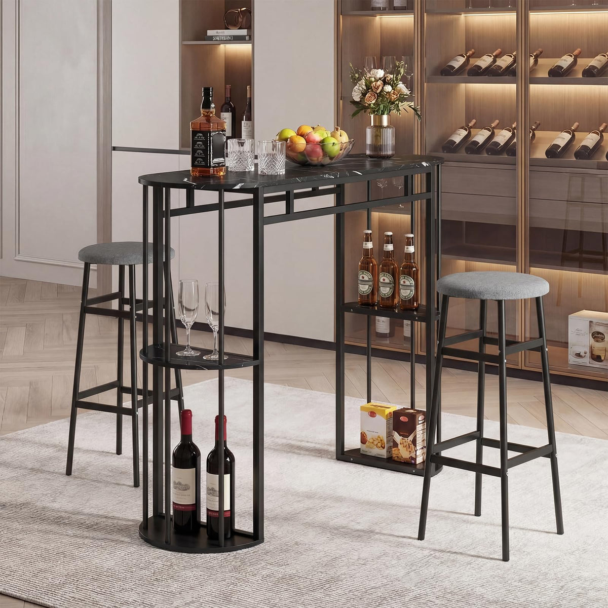 Goflame 3 Pieces Bar Table Set for 2 with 2 Padded Stools