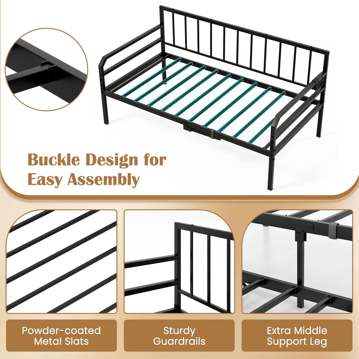 Goflame Twin Daybed with Trundle, Twin Bed Frame with Charging Station & LED Lights, Metal Trundle Bed Twin w/Steel Slats Support
