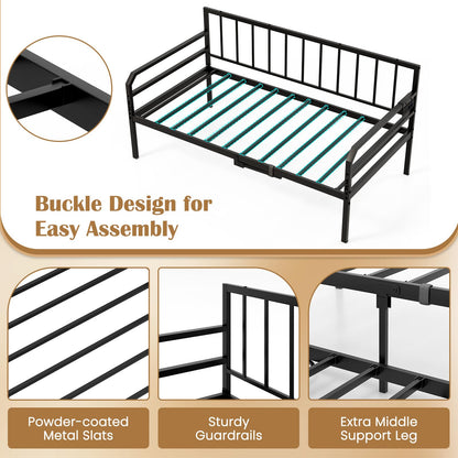 Goflame Twin Daybed with Trundle, Twin Bed Frame with Charging Station & LED Lights, Metal Trundle Bed Twin w/Steel Slats Support