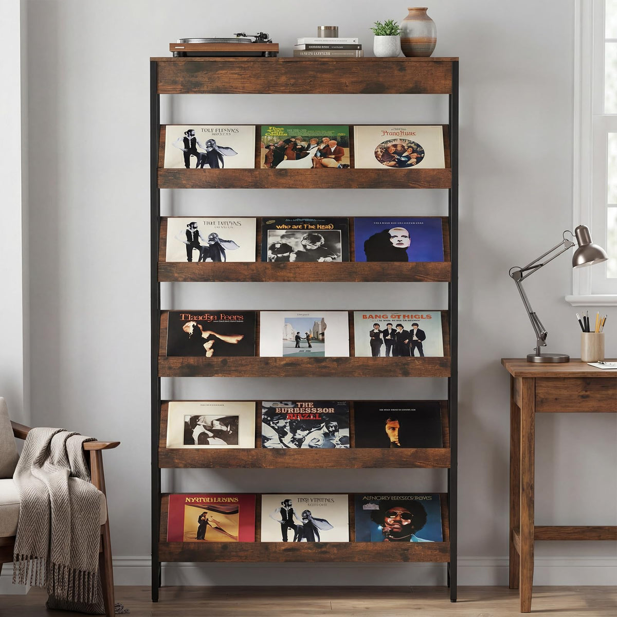 Goflame 6-Tier Industrial Tall Bookcase with Angled Shelves and Metal Frame