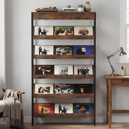 Goflame 6-Tier Industrial Tall Bookcase with Angled Shelves and Metal Frame