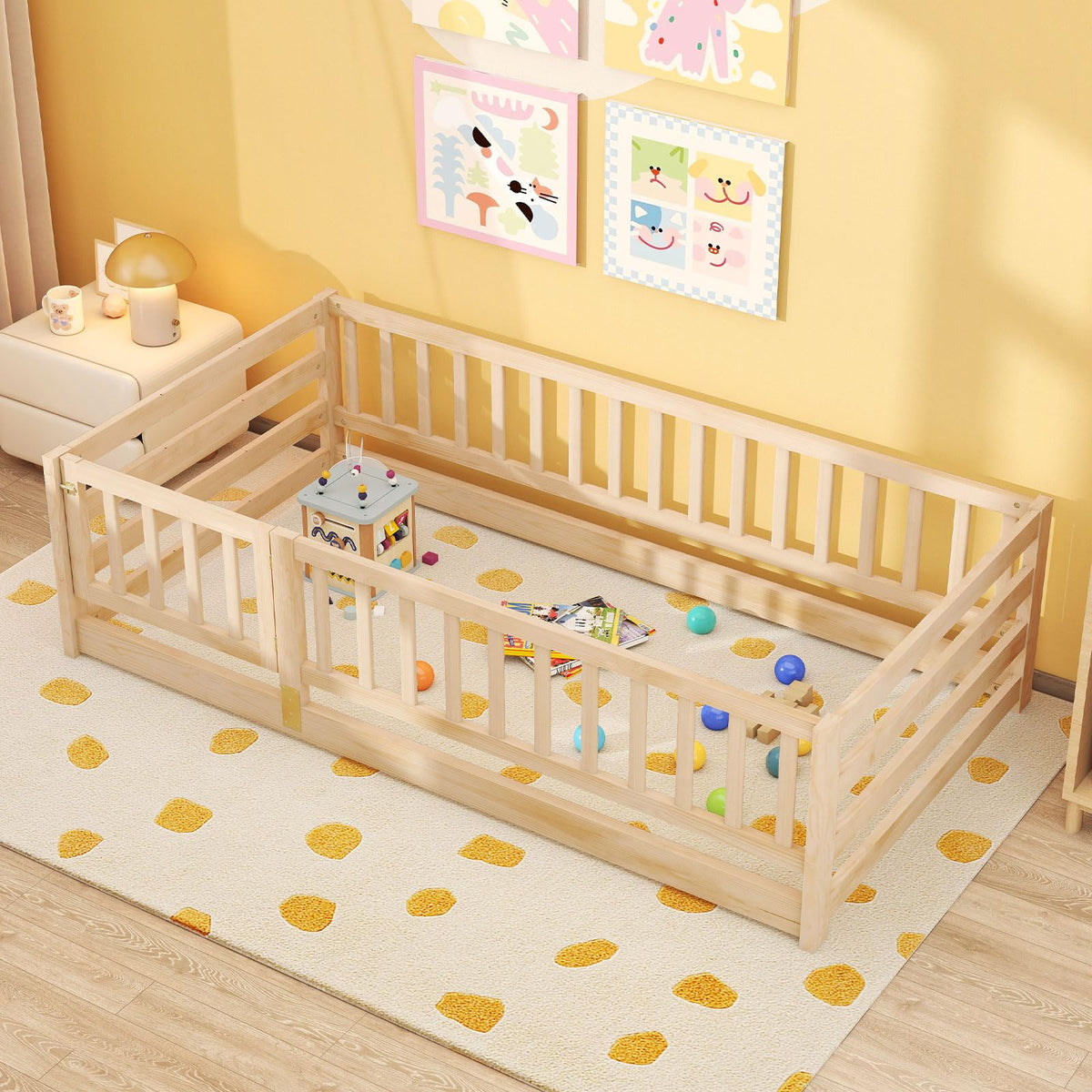 Goflame Twin Floor Bed with High Fence & Door