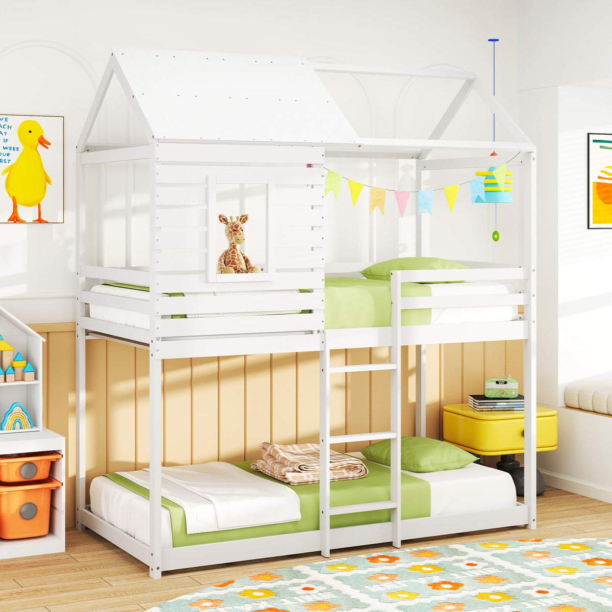 Goflame White Wood Bunk Bed Twin Over Twin with Ladder and Guardrail