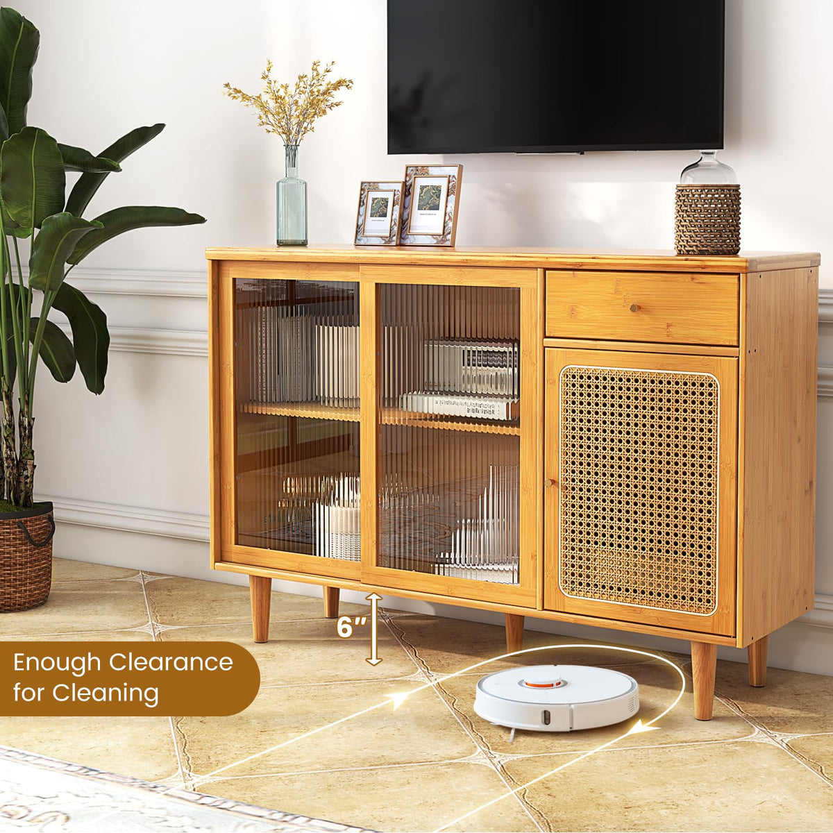 Goflame Sideboard, Bamboo Buffet Cabinet with Storage
