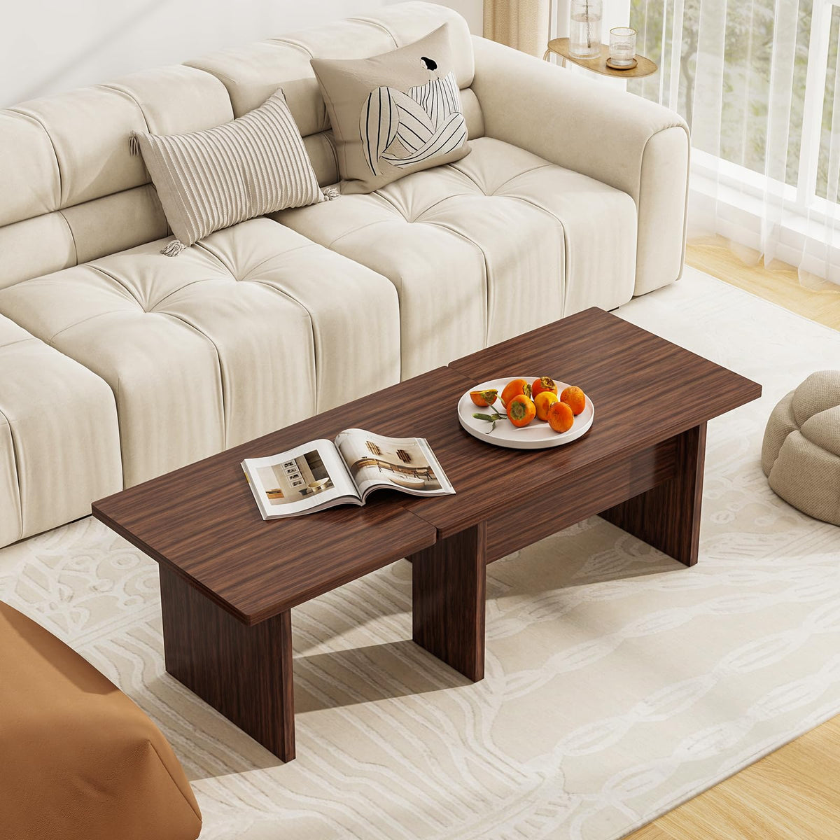 Goflame L-Shaped Coffee Table Set of 2 Modular Nesting Center Table with Grain Finish