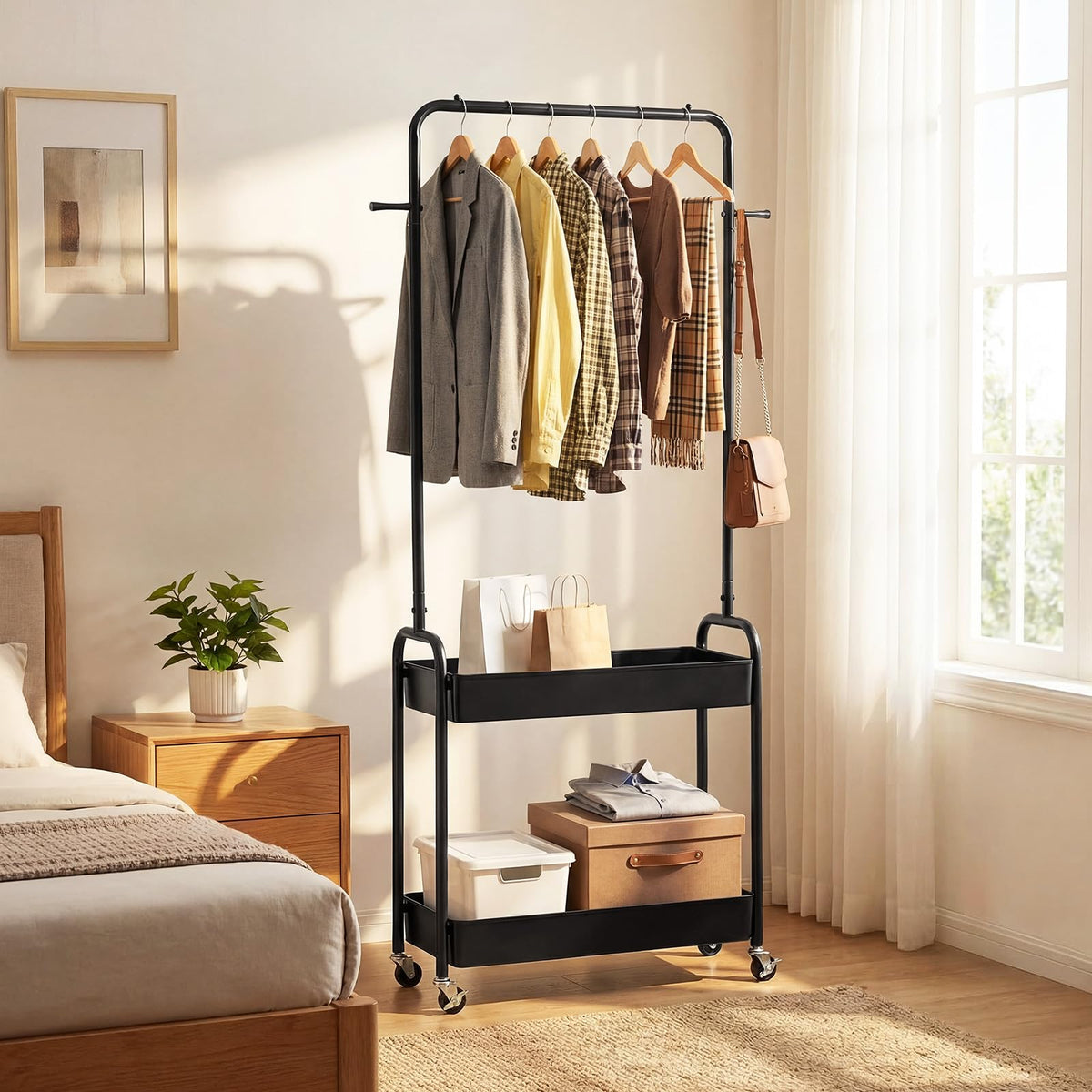 Goflame Heavy-Duty Rolling Clothes Rack with 2 Storage Baskets & Side Hooks