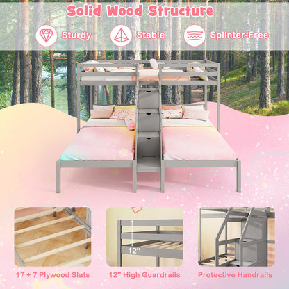 Goflame Twin Over Twin & Twin Bunk Bed Triple Bunk Beds with 4-Step Storage Stair