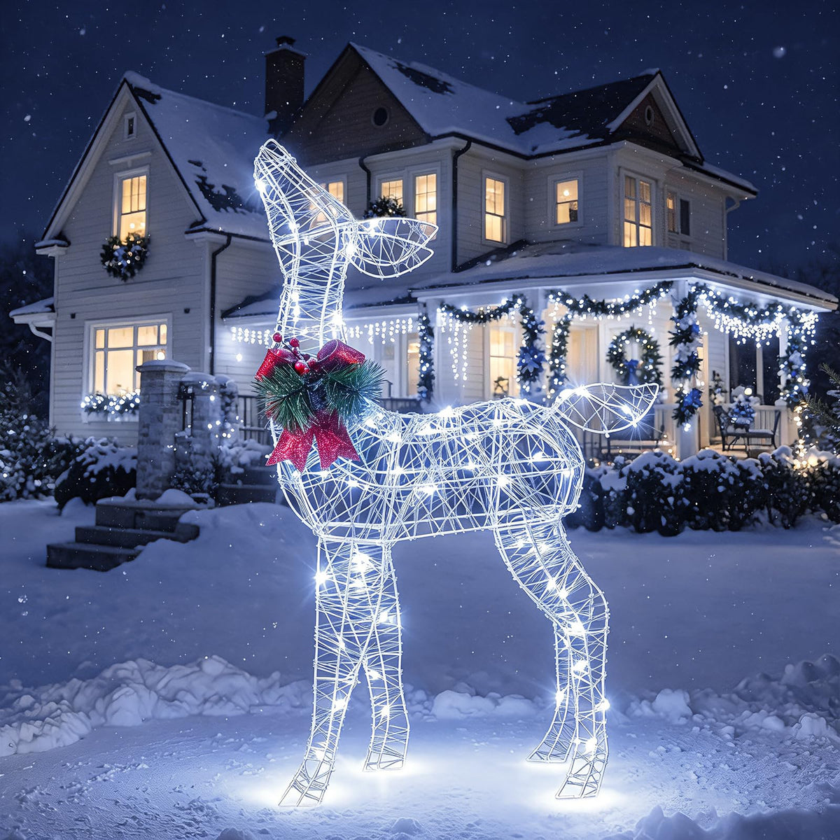 Goflame Christmas Pre-Lit Reindeer | 50 Cold White LED Lights & Red Bow Stakes & Zip Ties Included