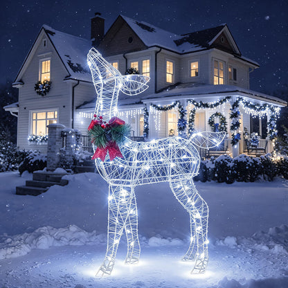 Goflame Christmas Pre-Lit Reindeer | 50 Cold White LED Lights & Red Bow Stakes & Zip Ties Included