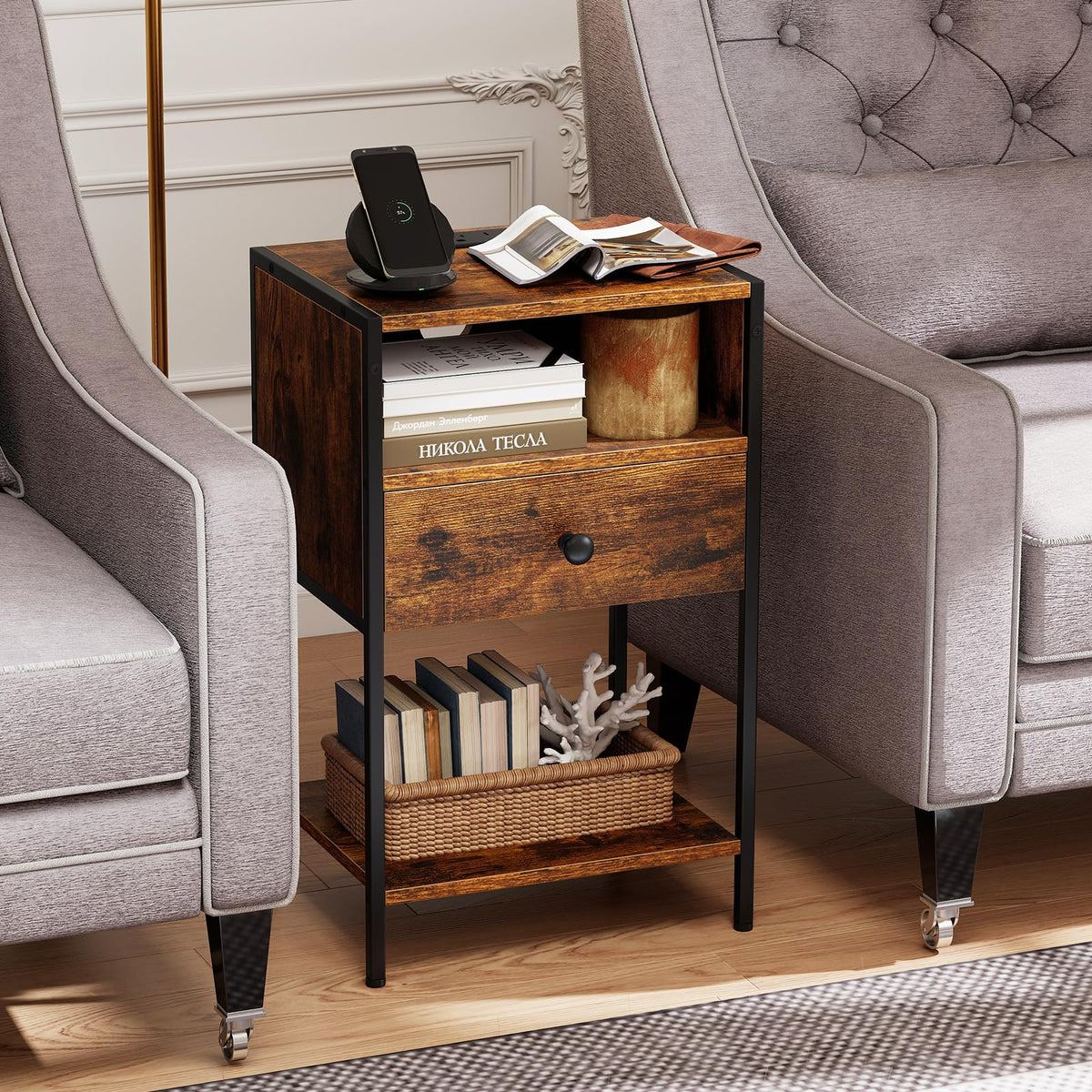 Goflame Night Stand with Charging Station for Bedroom Small Spaces
