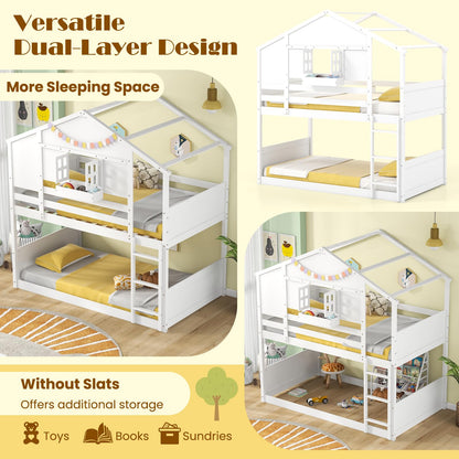 Goflame Bunk Bed Twin Over Twin, Wood House Bed for Kids with Roof, Window Door, White