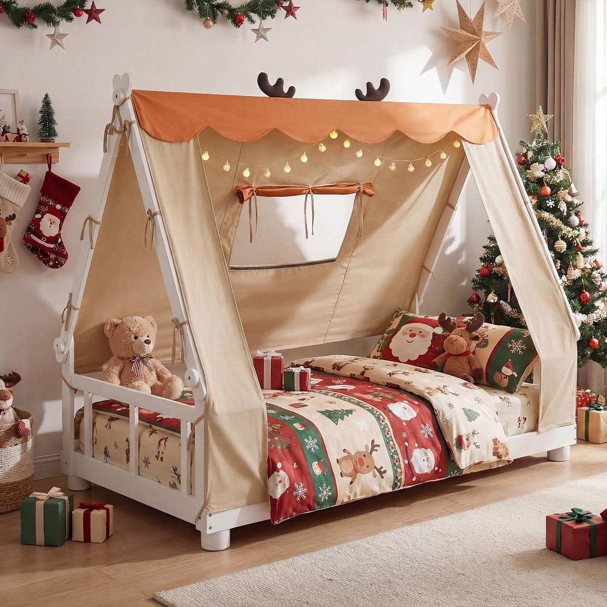 Goflame Twin Size House Floor Wood Bed with Tent