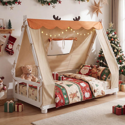 Goflame Twin Size House Floor Wood Bed with Tent