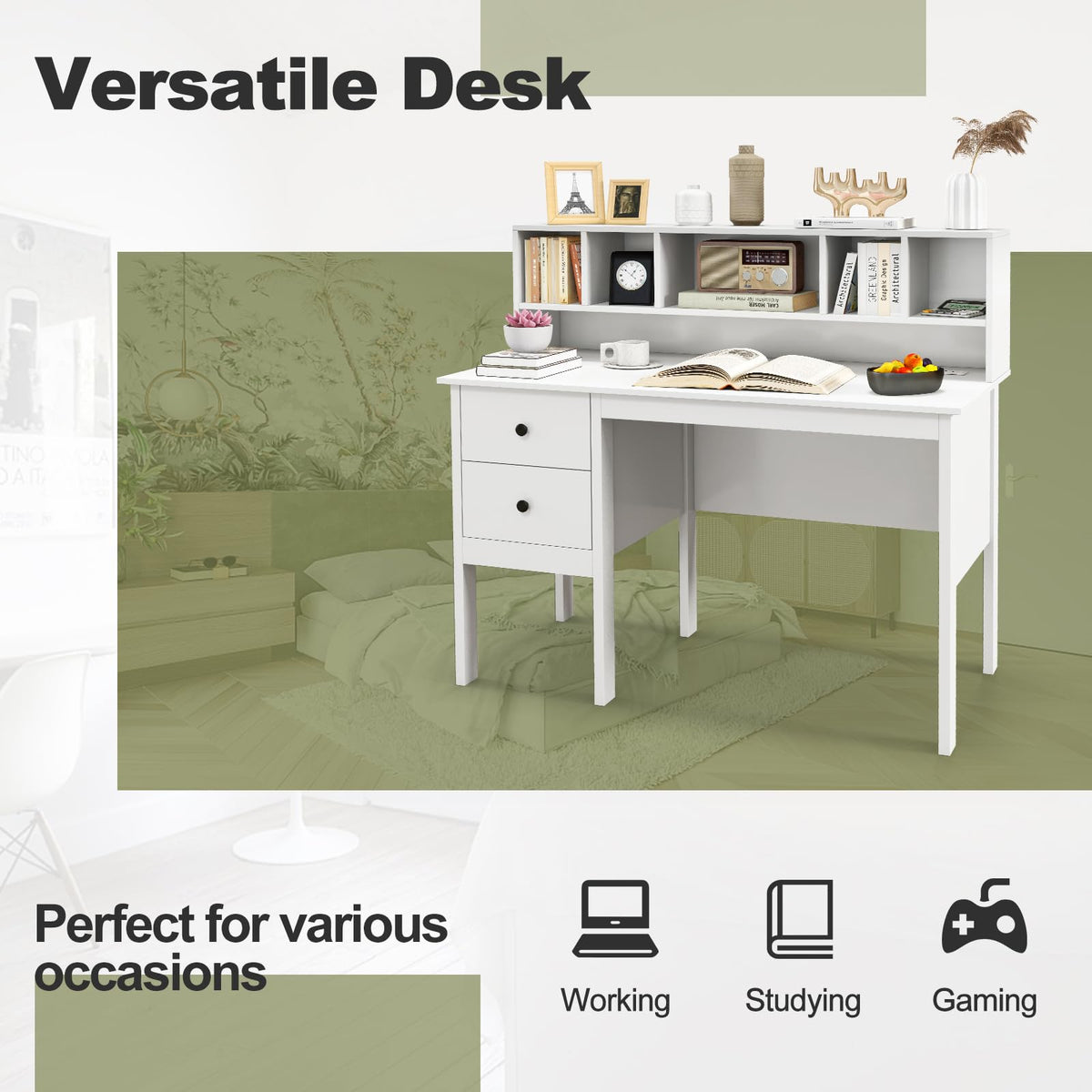 Goflame White Desk with Drawers and Power Outlet, 48" Home Office Computer Desk with 5-Cubby Hutch