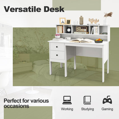Goflame White Desk with Drawers and Power Outlet, 48" Home Office Computer Desk with 5-Cubby Hutch