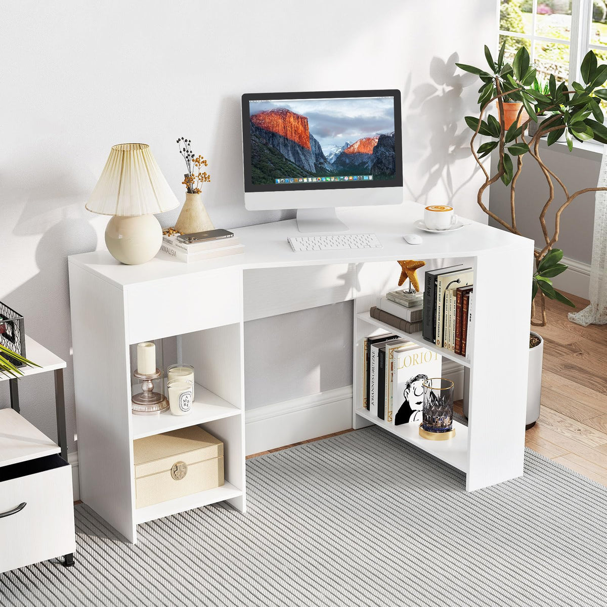 Goflame White Desk with Drawer 48 Inch Corner Desk