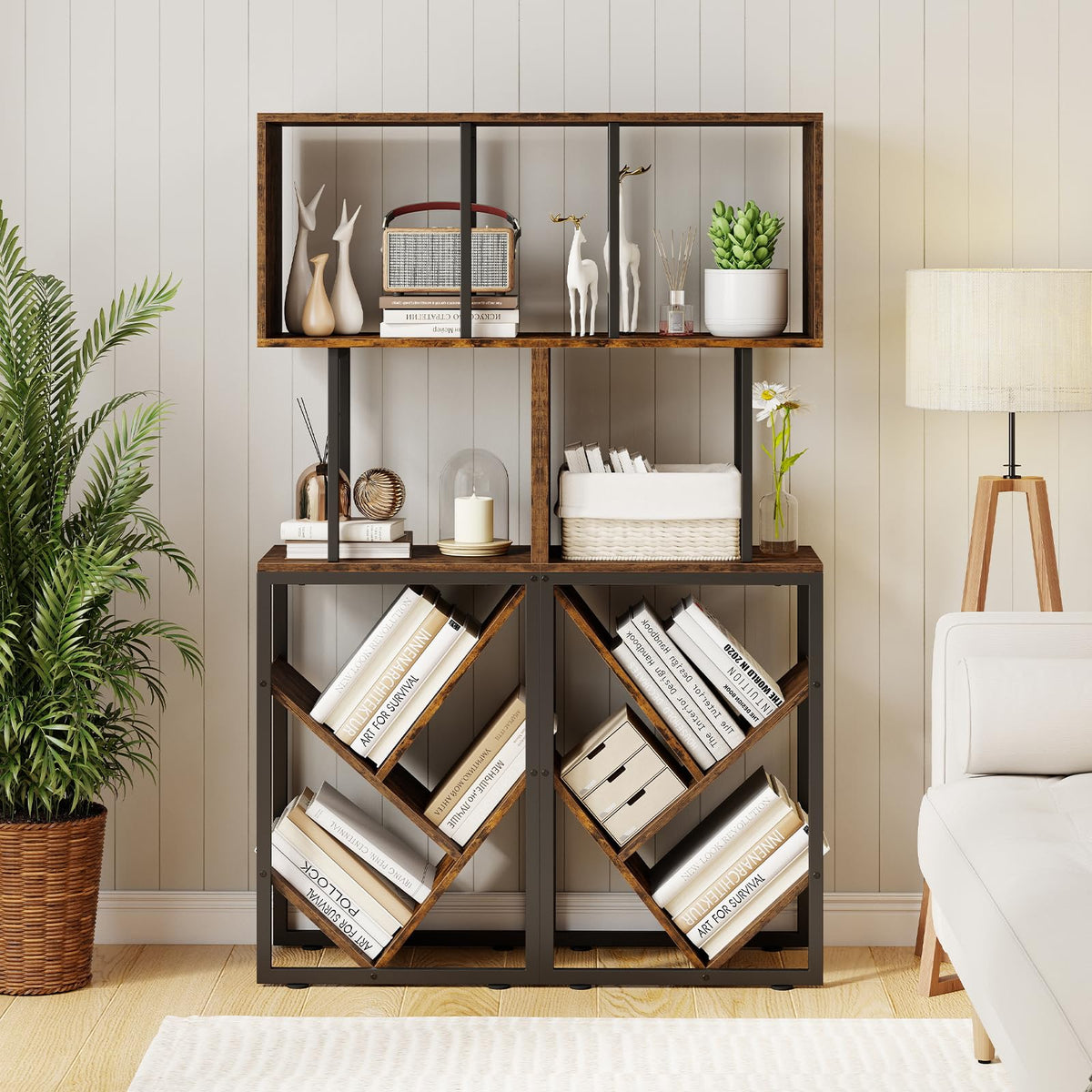 Goflame 6-Tier Bookshelf | Industrial S-Shaped Geometric Bookcase with Open Display Shelves